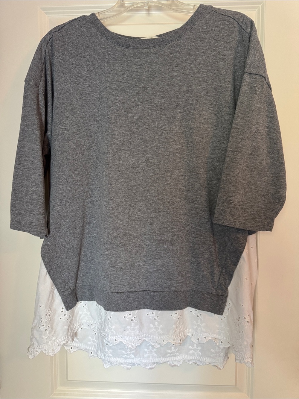 Matilda Jane Grey Sweatshirt with White Eyelet Hem